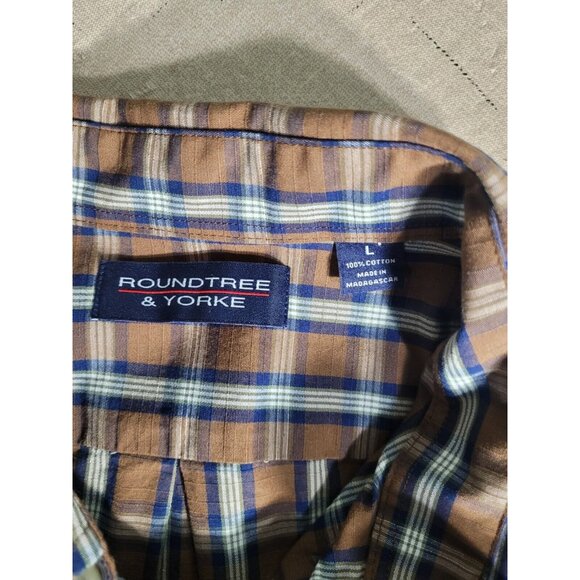 Roundtree & Yorke Mens size Large Brown Plaid Button-Down Cotton Shirt - Picture 4 of 10